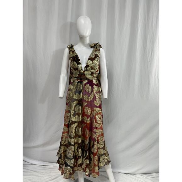 Farm Rio 'Lam�' Gold Jacquard Maxi Dress Size XXS - Picture 2 of 5